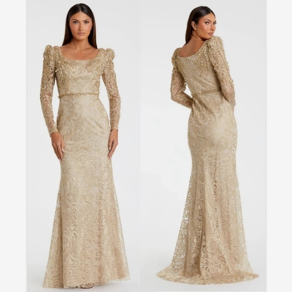 Mac Duggal Dresses & Skirts - Mac Duggal Gold Embroidered Lace Applique Shoulder Detail Trumpet Gown SZ 16 NWT